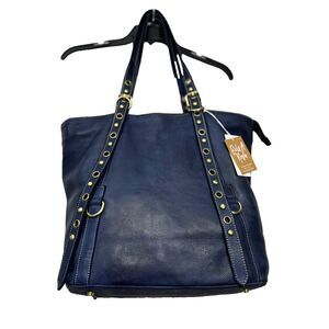 BOLSA NOVA Purse Tote Bag Navy Blue Washed Italian Leather OS NWT MSRP $425